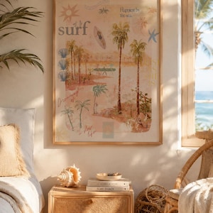 May include: A framed art print with a beach theme, featuring palm trees, a surfboard, and the word "surf". The artwork has a soft, pastel color palette and includes the text "Happiest by the sea" and "Dreaming of a slow life".