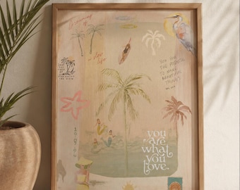 Dreaming of a Slow Life Printable Wall Art | Beach Collage Poster | Coastal Boho Decor | Vintage Surf Aesthetic Print | Digital Download