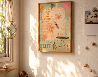 Coastal Surf Wall Art Print | Beachy Sunset Poster | Retro Coastal Decor | Surf Aesthetic Wall Art | Vintage Beach Digital Download