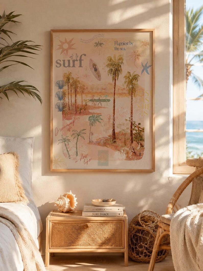 May include: A framed art print with a beach theme, featuring palm trees, a surfboard, and the word "surf". The artwork has a soft, pastel color palette and includes the text "Happiest by the sea" and "Dreaming of a slow life".