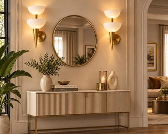 Aplique de pared de latón y alabastro, lámpara de pared doble de estilo moderno de mediados de siglo, lámpara de pared dorada escultural, regalo de decoración de lujo para el hogar.
