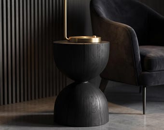 Solid Wood Sculptural Accent Table - Organic Modern Hourglass Stool | Wabi Sabi End Table | Minimalist Pedestal Stand | Japandi Decor