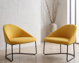 Modern Accent Lounge Chair | Cotton Linen Fabric Armchair with Metal Sled Base | Reception Seating | Available as Set of 2