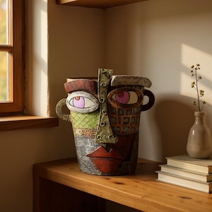 Könnte beinhalten: Eine dekorative Keramikvase in Form eines Gesichts mit roter Lippe, rosa Augen und einem grün-braunen Muster. Die Vase hat zwei Griffe und steht auf einer Holzoberfläche.