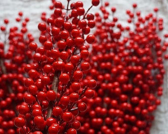 Christmas Red Berries Stalk with Twelve Branches-Christmas Berries-Christmas Faux Red Berries-Winter Berries