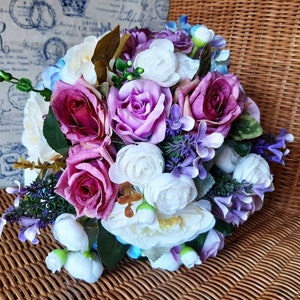 Faux Bridal Bouquet-Wedding Bouquet-Artificial Bridal Bouquet Purple, Blue and White Roses