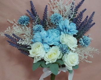 Rustic lavender blue and white roses faux bridal bouquet-lavender roses artificial bridal bouquet-Keepsake bouquet-Destination Bouquet