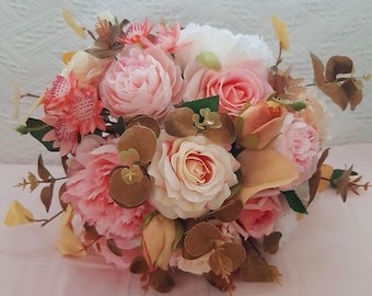 Pink and champagne faux roses bridal bouquet-Artificial wedding bouquet-Destination Wedding Bouquet-Keepsake Bouquet