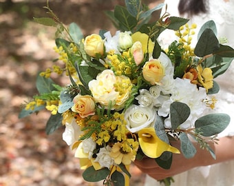 Faux Yellow Rustic Floral Bridal Bouquet- Artificial flowers, Floral Wedding Party Decor
