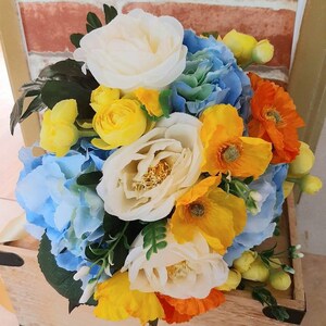 Faux Bridal Bouquet-Summer Wedding Bouquet-Artificial Bridal Bouquet Purple, Blue,Yellow and White Flowers