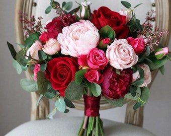 Red roses and pink peonies silk flowers bridal bouquet with boutonniere--Faux flower bridal bouquet-Destination bouquet