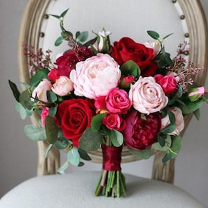 Red roses and pink peonies silk flowers bridal bouquet with boutonniere--Faux flower bridal bouquet-Destination bouquet