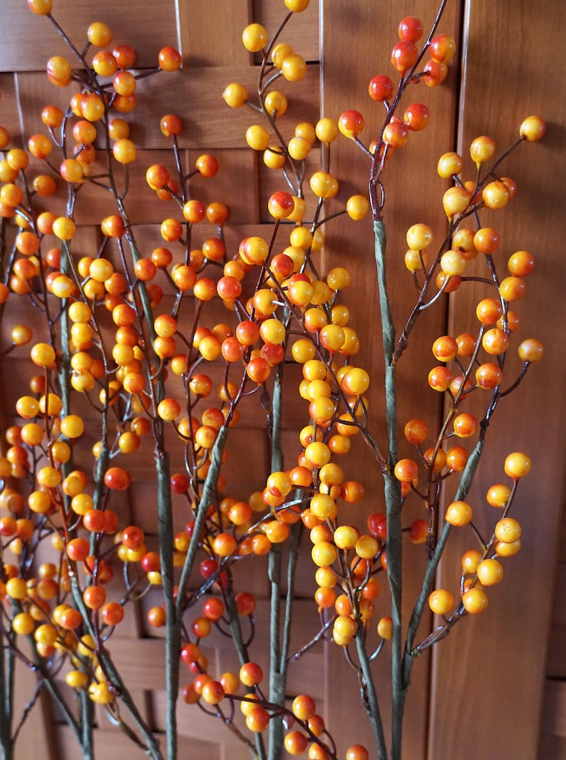 May include: A bunch of artificial berry stems with small, round, orange and yellow berries. The stems are brown and have a green, textured covering.