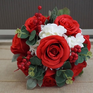 Red and white faux roses bridal bouquet-Artificial Christmas wedding bouquet-Destination Wedding Bouquet-Keepsake Bouquet