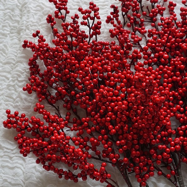 Christmas Red Berries Stalk with Six Branches-Christmas Berries-Christmas Faux Red Berries-Winter Berries