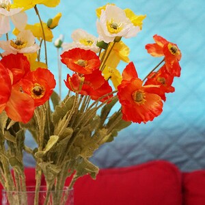 May include: A bouquet of red and yellow poppies in a clear glass vase. The flowers are arranged in a loose, natural style. The vase is sitting on a red surface.