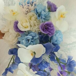 Blue, purple and white phalaenopsis blue peas faux Bridal Bouquet-Artificial Bridal Bouquet-Cascading Bouquet