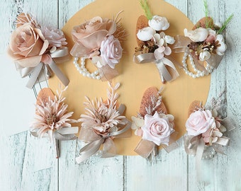 Artificial groom boutonniere-Bestmen corsages-Weddings boutonnières-Bridesmaids' wrist corsages-Pink corsages