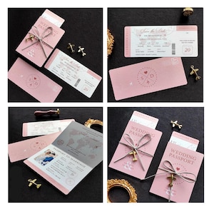 Minimale 30 Sets Personalisierte Hochzeitspässe, Einladungen und Bordkarten mit goldenen Flugzeuganhängern