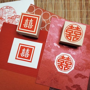 Timbro in gomma Double Happiness - Cancelleria per matrimoni orientali ed etichette per inviti - Logo in caratteri cinesi Double Happiness dorato