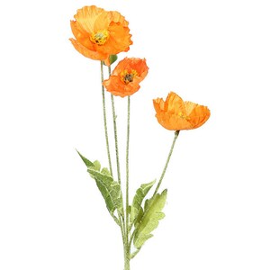 May include: A bouquet of three orange silk poppy flowers with green leaves and stems.