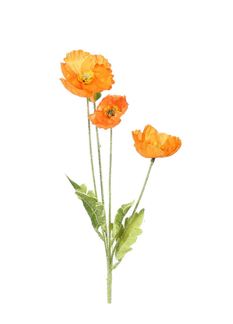 May include: A bouquet of three orange silk poppy flowers with green leaves and stems.