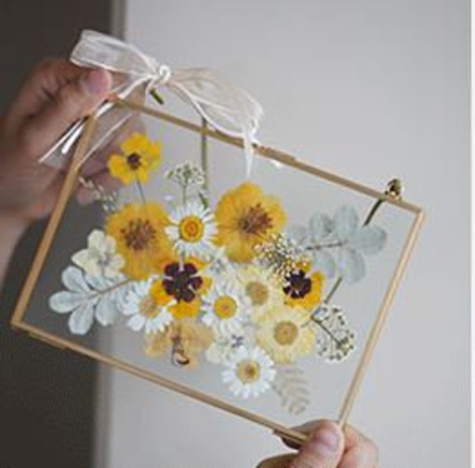 Dried Pressed Flowers in Glass Frame With Golden Rim/ Dried Etsy
