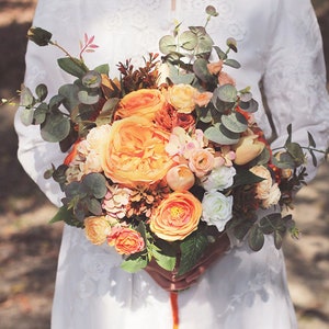 Faux Orange Rustic Peonies Roses Bridal Bouquet-Autumn theme bouquet- Artificial flowers, Floral Wedding Party Decor
