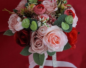 Red, Pink Roses Wedding Bouquet-Artificial Bridal Bouquet-Alternative Bouquets-Destination Bouquets-Keepsake Bouquets