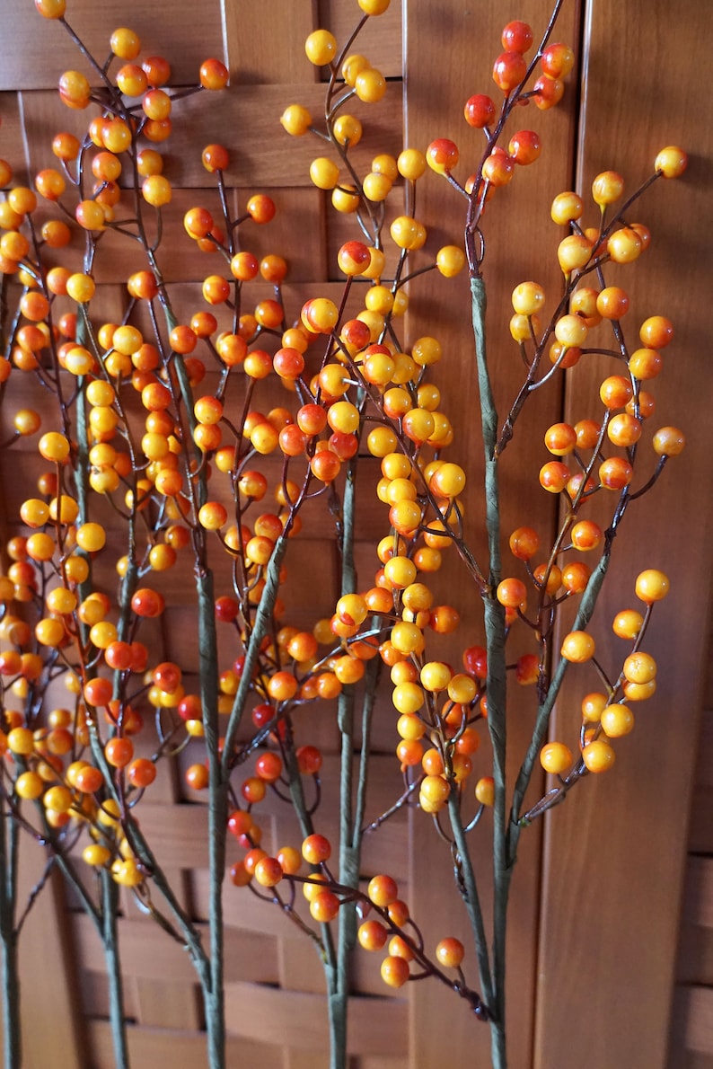 May include: A bunch of artificial berry sprigs with yellow and orange berries. The sprigs have thin brown stems and are arranged in a vase.