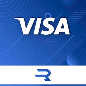 Peut inclure: Fond bleu avec le mot "VISA" en blanc en haut. En dessous, un rectangle blanc contient la lettre "R" bleue stylisée. Le fond présente un réseau de lignes et de cercles bleu clair.