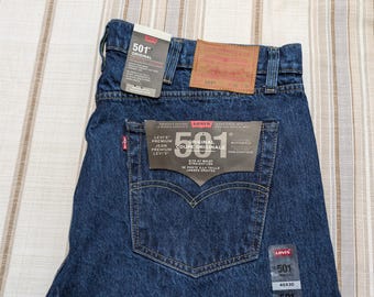 Men's Levi's 501 Dark Blue Straight Fit Jeans, Cotton Denim, Button Fly