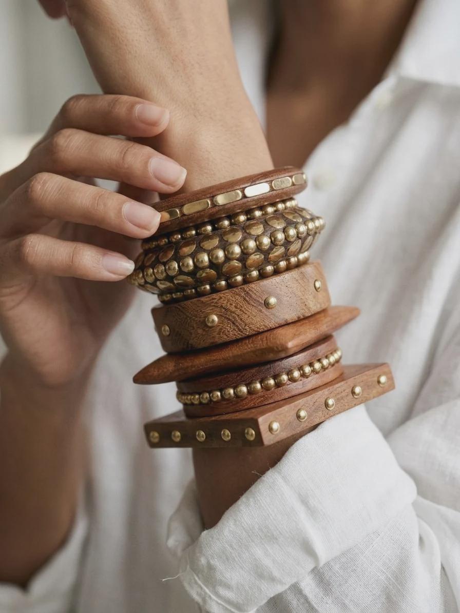 Set of Brown Wooden Bangle Bracelets - Natural Tone Accessories Set of Three Wooden Bracelets, Brown Natural Wood Bangles  main image 2
