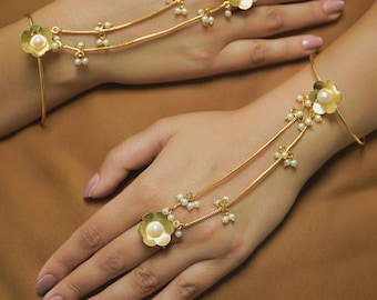 Gold Plated Hand Harness Bracelet with Pearl Flowers – Floral Hand Chain Jewelry