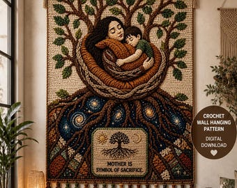 Peut inclure: Une tenture murale crochetée complexe représentant une mère et un enfant dans un arbre. L'œuvre utilise des tons bruns, verts et bleus, avec le texte "MOTHER IS SYMBOL OF SACRIFICE". Comprend un patron de crochet numérique.