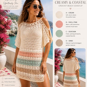 Puede incluir: Una túnica de playa de ganchillo color crema con mangas descubiertas y rayas horizontales en rosa concha, verde espuma de mar y arena. La prenda presenta un intrincado patrón de punto abierto con aberturas laterales, vista de frente y de espalda.