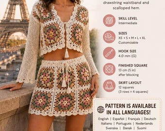 Modello all'uncinetto per minigonna Grandma Square in PDF, tutorial per gonna boho all'uncinetto, modello per gonna da festival, outfit all'uncinetto Y2K