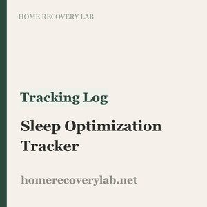 Op de afbeelding: Een crèmekleurige afbeelding met de tekst "HOME RECOVERY LAB" bovenaan. De woorden "Tracking Log", "Sleep Optimization Tracker" en "homerecoverylab.net" worden ook in de afbeelding weergegeven.
