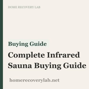 Op de afbeelding: Een crèmekleurige afbeelding met de tekst "Buying Guide" in een donkergroene doos. Daaronder staat de tekst "Complete Infrared Sauna Buying Guide". Het websiteadres homerecoverylab.net staat onderaan.