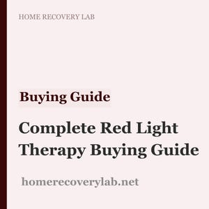 Op de afbeelding: Een webpagina getiteld "Complete Red Light Therapy Buying Guide" met de tekst "Buying Guide" in een vetgedrukte, donkerrode letter. Het websiteadres wordt onderaan weergegeven. De achtergrond is lichtroze.