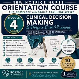 Könnte beinhalten: Eine digitale Grafik für einen Orientierungskurs für neue Hospizpflegekräfte, Modul 4: Klinische Entscheidungsfindung & Hospizpflegeplanung. Sie zeigt ein Stethoskop, ein Notizbuch mit handschriftlichem Text und Symbole für klinische Instrumente.