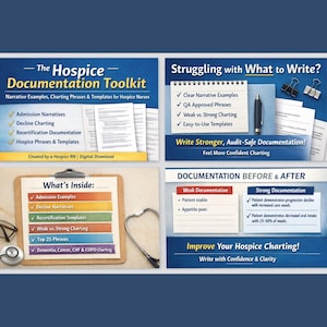May include: A blue and white graphic with text about hospice documentation. The image includes the title "The Hospice Documentation Toolkit" and lists topics such as admission narratives and recertification documentation. Other sections address writing stronger documentation and improving charting.