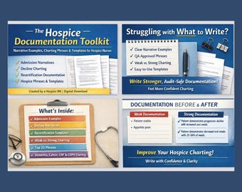 Puede incluir: Un gráfico azul y blanco con información sobre la documentación de cuidados paliativos. La imagen incluye el título "The Hospice Documentation Toolkit" y enumera temas como narrativas de admisión y documentación de recertificación. Otras secciones abordan la mejora de la documentación y la elaboración de gráficos.