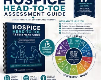 May include: A spiral-bound Hospice Head-to-Toe Assessment Guide workbook with a dark blue cover featuring a white line illustration of a nurse and patient. The guide includes 17 sections, 15 proprietary frameworks, and a colorful assessment wheel.