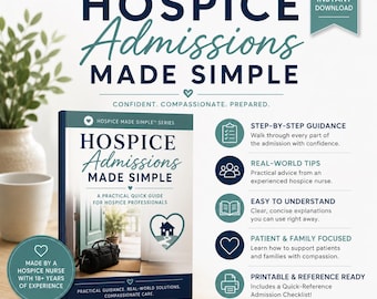Puede incluir: Una guía digital titulada Hospice Admissions Made Simple para profesionales de cuidados paliativos. La portada muestra una bolsa negra en una puerta y un icono de corazón. El documento incluye orientación paso a paso, consejos prácticos y una lista de verificación imprimible.