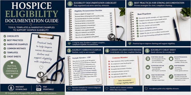 May include: A guide for hospice eligibility documentation. The image features a clipboard with text, a stethoscope, and checklists. It includes best practices, narrative examples, and a cheat sheet for quick reference. The guide is designed to support hospice eligibility.
