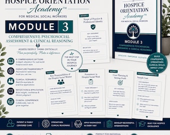 Puede incluir: Material educativo del Módulo 3 de la Hospice Orientation Academy para trabajadores sociales médicos. Incluye un manual y varias tarjetas informativas que detallan la evaluación psicosocial, el razonamiento clínico y la planificación de cuidados.