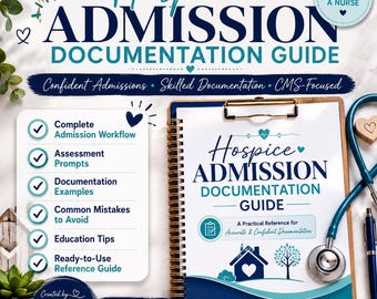 Puede incluir: Una guía de documentación de admisión a cuidados paliativos en formato de cuaderno de espiral con portada azul marino y turquesa, que incluye un icono de casa, un estetoscopio y una lista de contenidos sobre flujos de trabajo.