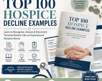 Puede incluir: Un recurso digital titulado Top 100 Hospice Decline Examples, que presenta la portada de un libro de trabajo con una foto de manos entrelazadas, un estetoscopio y texto que detalla el razonamiento clínico y la documentación para enfermeros.