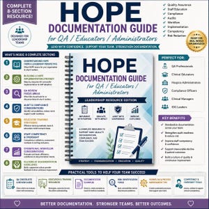 May include: A spiral-bound "HOPE Documentation Guide" for QA, educators, and administrators. The cover features the title in large blue letters, with a checklist graphic and the words "LEAD WITH CONFIDENCE." The guide includes sections on implementation, training, and compliance.